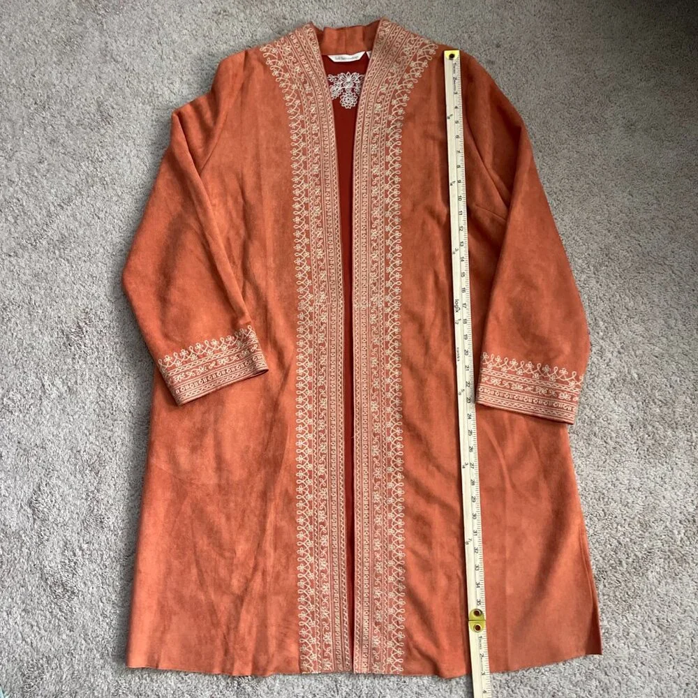 Soft Surroundings Jacket Womens XL Orange Long Embroidered Boho Festival Sueded - Picture 6 of 8